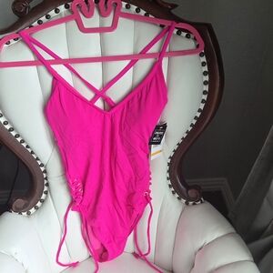 California Waves Bright Pink Ribbed One-Piece Swimsuit